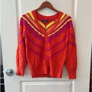 Adrienne Vittadini Multi Color Pom Pom Cardigan